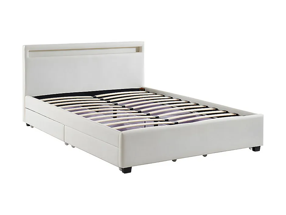 Vente-unique Lit 140 x 190 cm avec rangements - Simili blanc avec LEDs + Matelas - ALOIS II