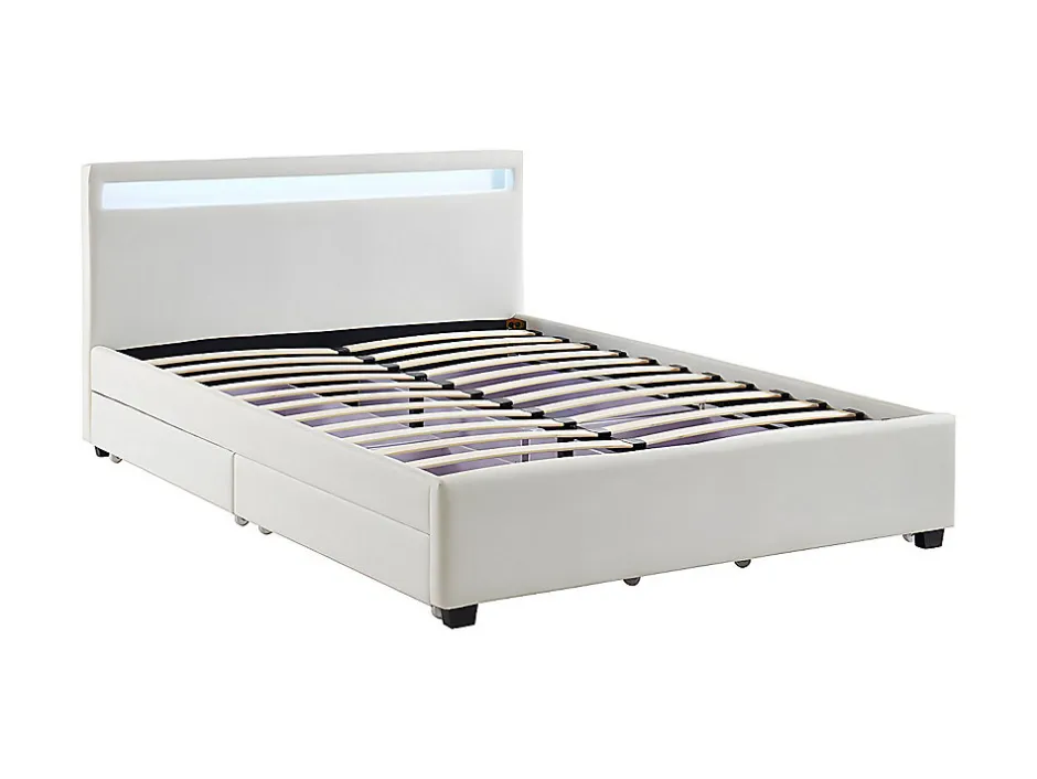 Vente-unique Lit 140 x 190 cm avec rangements - Simili blanc avec LEDs + Matelas - ALOIS II