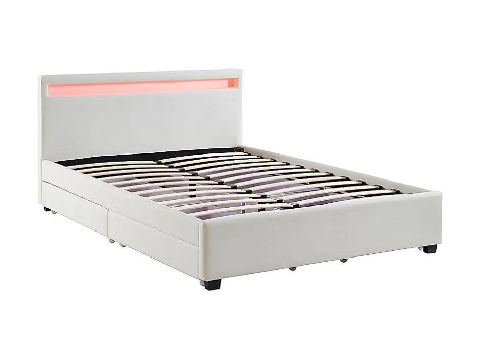 Vente-unique Lit 140 x 190 cm avec rangements - Simili blanc avec LEDs + Matelas - ALOIS II