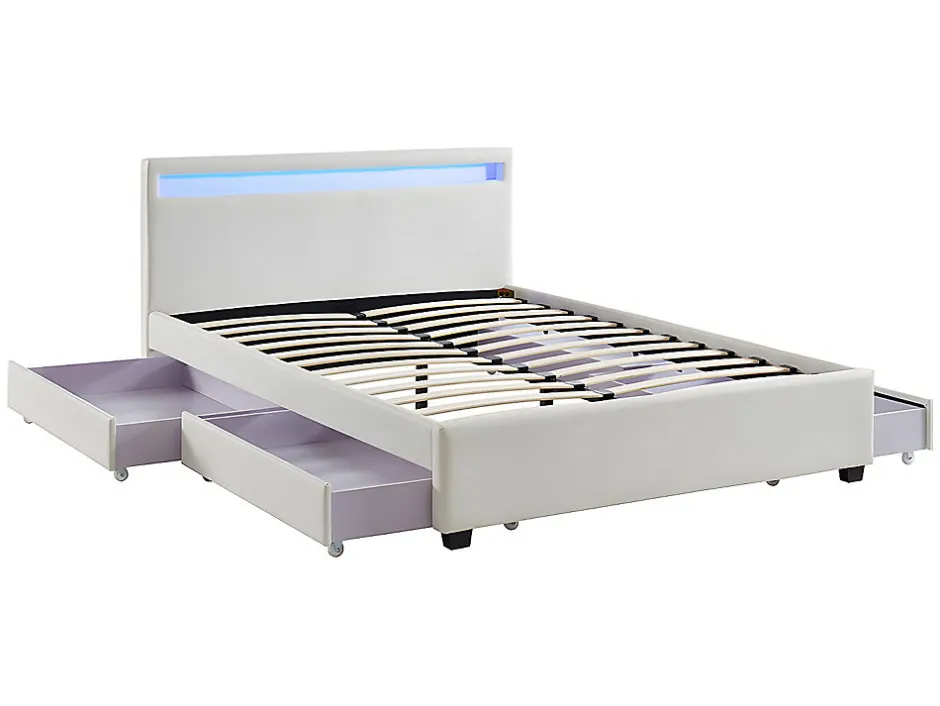Vente-unique Lit 140 x 190 cm avec rangements - Simili blanc avec LEDs + Matelas - ALOIS II