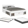 Vente-unique Lit 140 x 190/200 cm avec rangements - Blanc et naturel + Sommier + Matelas - KINSELIA