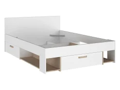 Vente-unique Lit 140 x 190/200 cm avec rangements - Blanc et naturel + Sommier + Matelas - KINSELIA