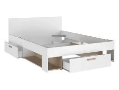 Vente-unique Lit 140 x 190/200 cm avec rangements - Blanc et naturel + Sommier + Matelas - KINSELIA