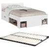 Vente-unique Lit 120 x 190/200 cm avec rangements - Blanc et naturel + Sommier - KINSELIA