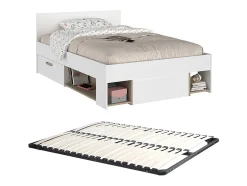Vente-unique Lit 120 x 190/200 cm avec rangements - Blanc et naturel + Sommier - KINSELIA