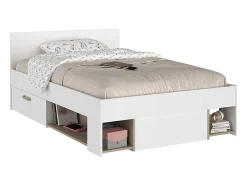 Vente-unique Lit 120 x 190/200 cm avec rangements - Blanc et naturel + Sommier - KINSELIA
