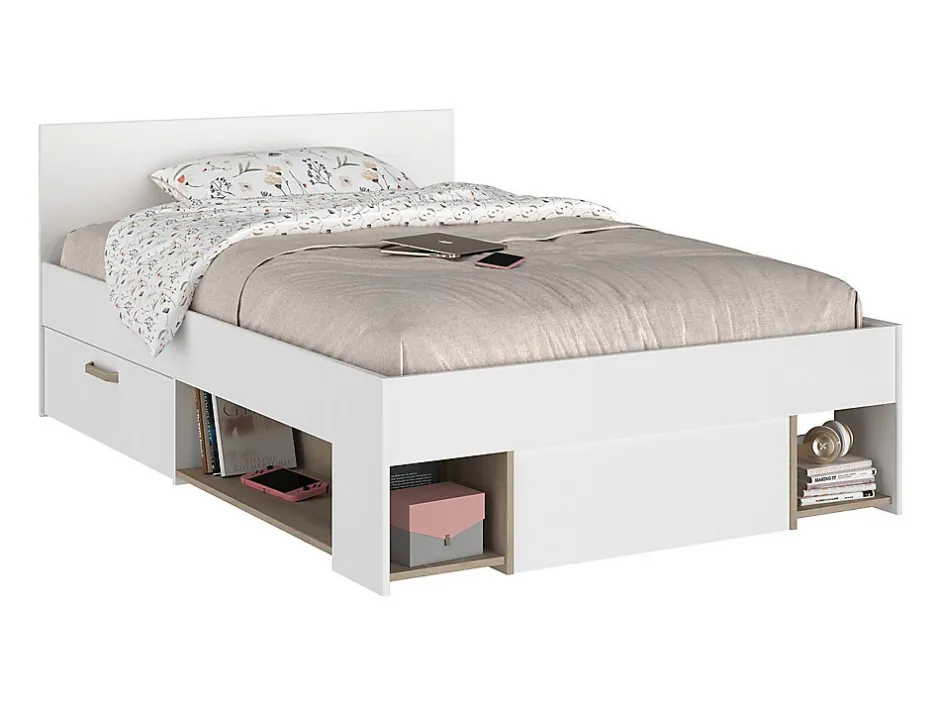 Vente-unique Lit 120 x 190/200 cm avec rangements - Blanc et naturel + Sommier - KINSELIA