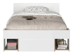 Vente-unique Lit 120 x 190/200 cm avec rangements - Blanc et naturel + Sommier - KINSELIA
