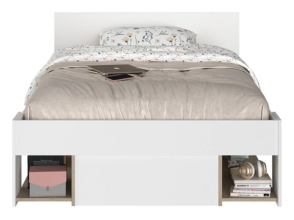 Vente-unique Lit 120 x 190/200 cm avec rangements - Blanc et naturel + Sommier - KINSELIA