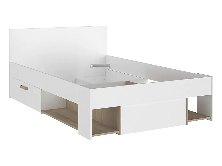 Vente-unique Lit 120 x 190/200 cm avec rangements - Blanc et naturel + Sommier - KINSELIA