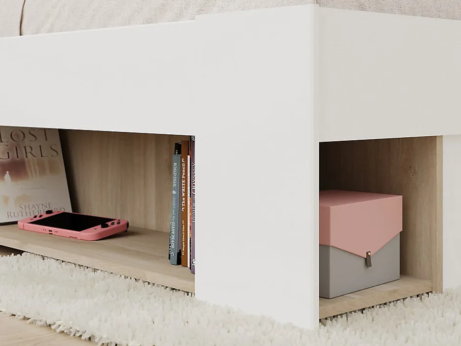 Vente-unique Lit 120 x 190/200 cm avec rangements - Blanc et naturel + Sommier - KINSELIA