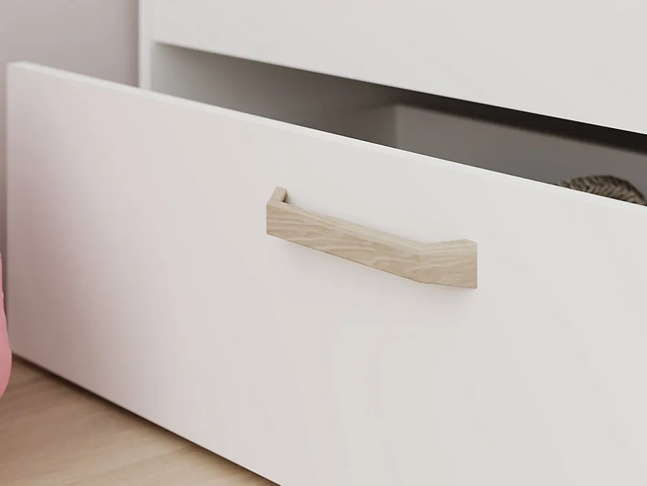 Vente-unique Lit 120 x 190/200 cm avec rangements - Blanc et naturel + Sommier - KINSELIA