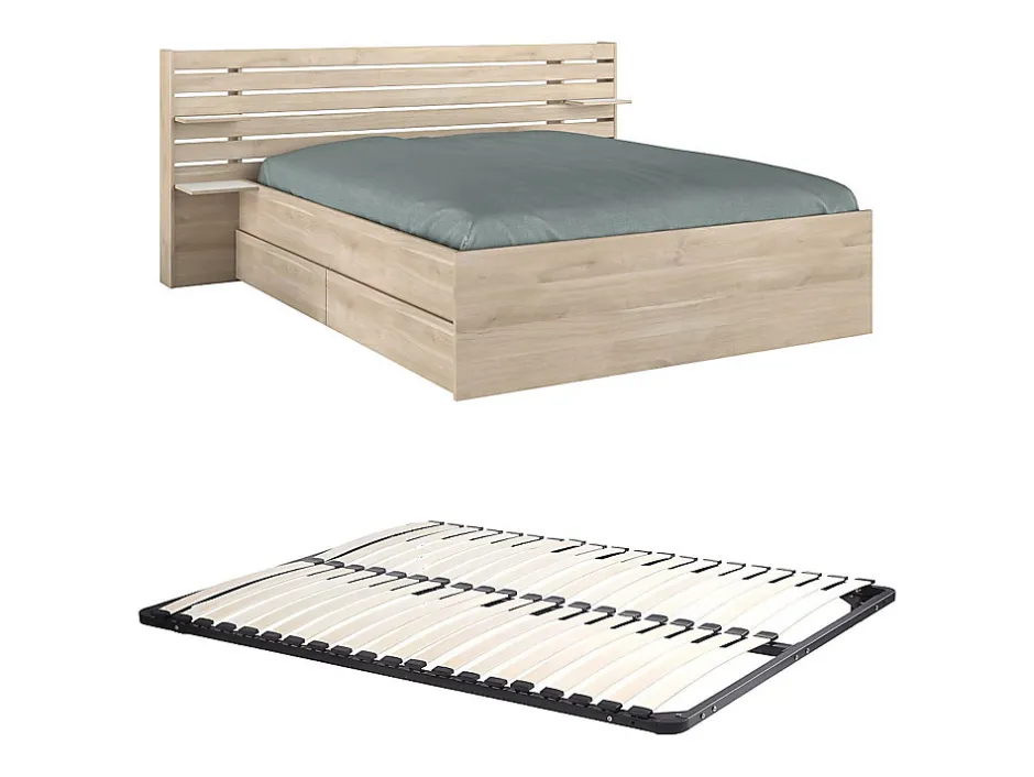 Vente-unique Lit 160 x 200 cm avec rangements - Coloris : Naturel + Sommier - TENALIA II