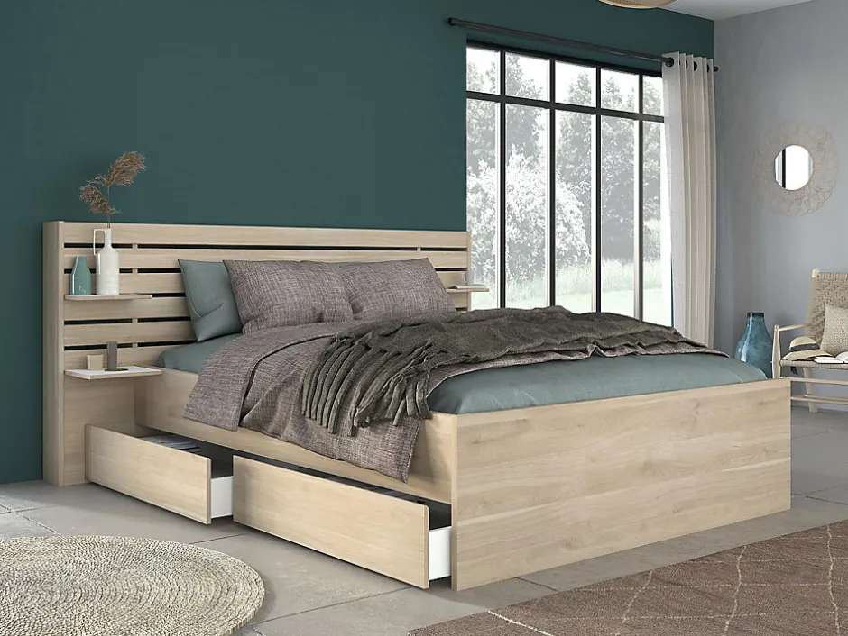 Vente-unique Lit 160 x 200 cm avec rangements - Coloris : Naturel + Sommier - TENALIA II
