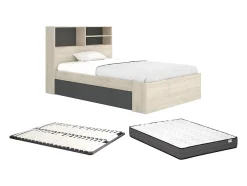 Vente-unique Lit 120 x 190 cm avec rangements - Coloris : Naturel et anthracite + Sommier + Matelas - VARDIEL