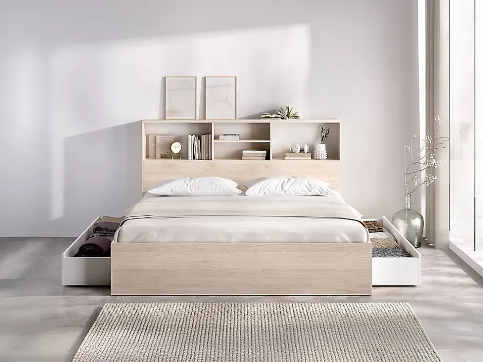 Vente-unique Lit 140 x 190 cm avec rangements - Coloris : Naturel et blanc + Sommier - VARDIEL New