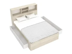 Vente-unique Lit 140 x 190 cm avec rangements - Coloris : Naturel et blanc + Sommier - VARDIEL New