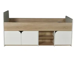 Vente-unique Lit 90 x 190 cm avec rangements - Coloris : Naturel et blanc + Sommier + Matelas - LOSTYA Best