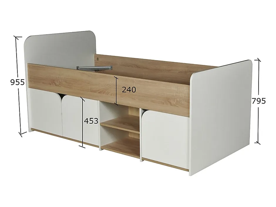 Vente-unique Lit 90 x 190 cm avec rangements - Coloris : Naturel et blanc + Sommier + Matelas - LOSTYA Best