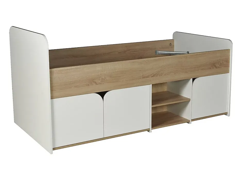 Vente-unique Lit 90 x 190 cm avec rangements - Coloris : Naturel et blanc + Sommier + Matelas - LOSTYA Best