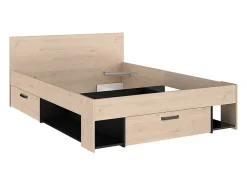 Vente-unique Lit 140 x 190/200 cm avec rangements - Coloris : Naturel et noir + Sommier - KINSELIA New