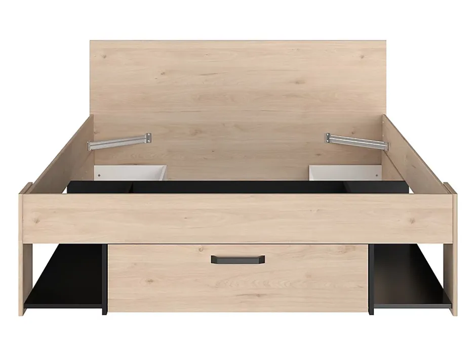 Vente-unique Lit 140 x 190/200 cm avec rangements - Coloris : Naturel et noir + Sommier - KINSELIA New