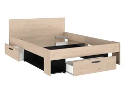 Vente-unique Lit 140 x 190/200 cm avec rangements - Coloris : Naturel et noir + Sommier - KINSELIA New