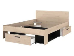 Vente-unique Lit 140 x 190/200 cm avec rangements - Coloris : Naturel et noir + Sommier - KINSELIA New