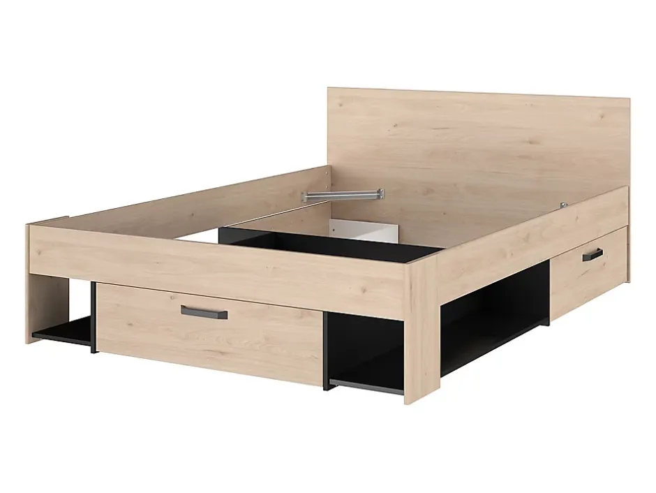 Vente-unique Lit 140 x 190/200 cm avec rangements - Coloris : Naturel et noir + Sommier - KINSELIA New