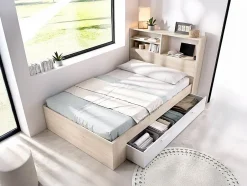 Vente-unique Lit 120 x 190 cm avec rangements - Coloris : Naturel et blanc + Sommier + Matelas - VARDIEL