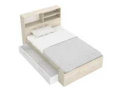Vente-unique Lit 120 x 190 cm avec rangements - Coloris : Naturel et blanc + Sommier + Matelas - VARDIEL