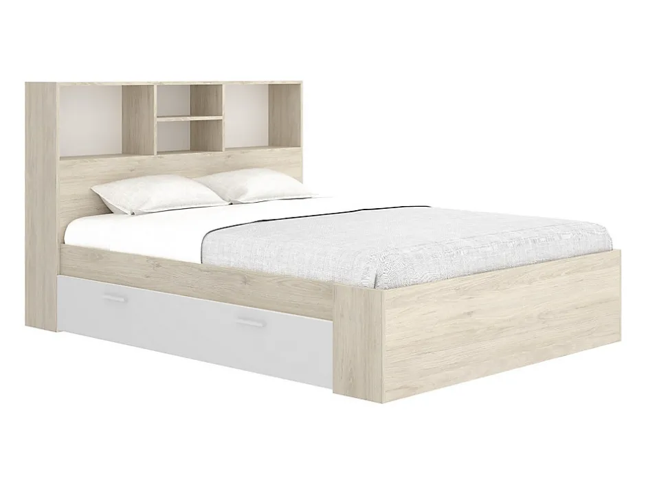 Vente-unique Lit 140 x 190 cm avec rangements - Coloris : Naturel et blanc - VARDIEL
