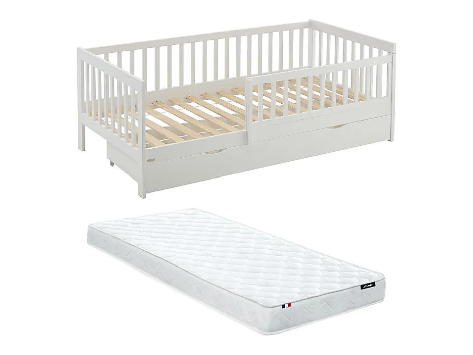 Vente-unique Lit 90 x 190 cm avec tiroir - Pin et MDF - Blanc + Matelas - PROVIATI