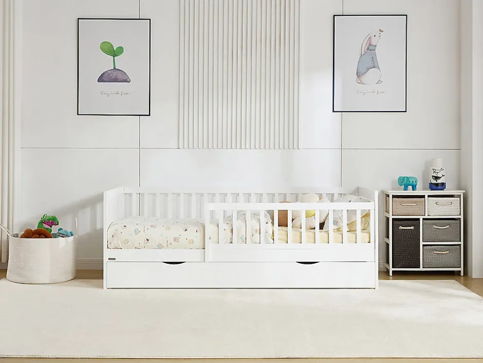 Vente-unique Lit 90 x 190 cm avec tiroir - Pin et MDF - Blanc + Matelas - PROVIATI