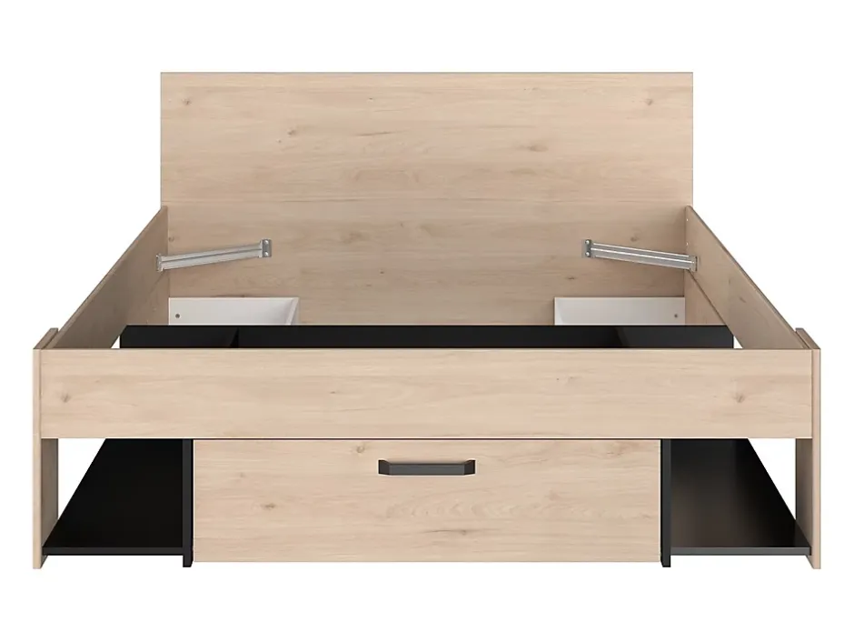 Vente-unique Lit 140 x 190/200 cm avec tête de lit et rangements - Coloris : Naturel et noir + Sommier + Matelas - KINSELIA Discount