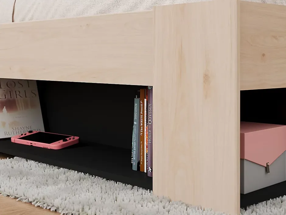 Vente-unique Lit 140 x 190/200 cm avec tête de lit et rangements - Coloris : Naturel et noir + Sommier + Matelas - KINSELIA Discount