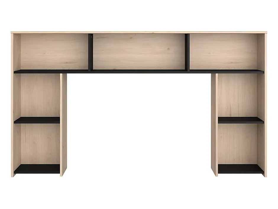 Vente-unique Lit 140 x 190/200 cm avec tête de lit et rangements - Coloris : Naturel et noir + Sommier + Matelas - KINSELIA Discount