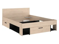 Vente-unique Lit 140 x 190/200 cm avec tête de lit et rangements - Coloris : Naturel et noir + Sommier + Matelas - KINSELIA Discount