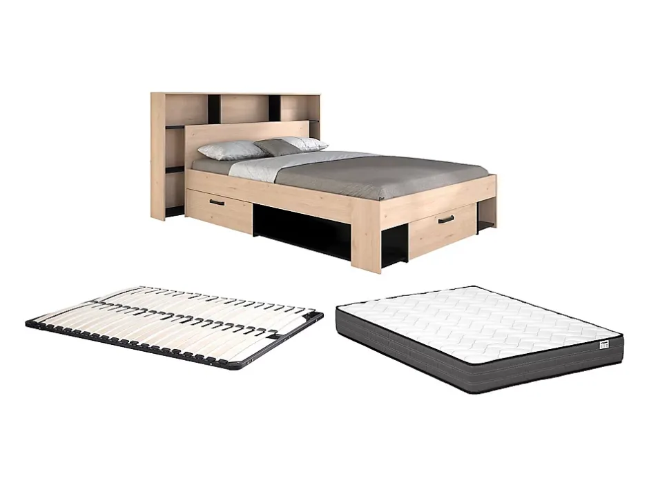 Vente-unique Lit 140 x 190/200 cm avec tête de lit et rangements - Coloris : Naturel et noir + Sommier + Matelas - KINSELIA Discount