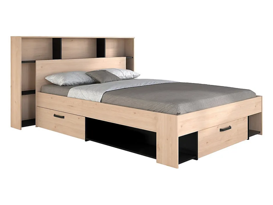 Vente-unique Lit 140 x 190/200 cm avec tête de lit et rangements - Coloris : Naturel et noir - KINSELIA