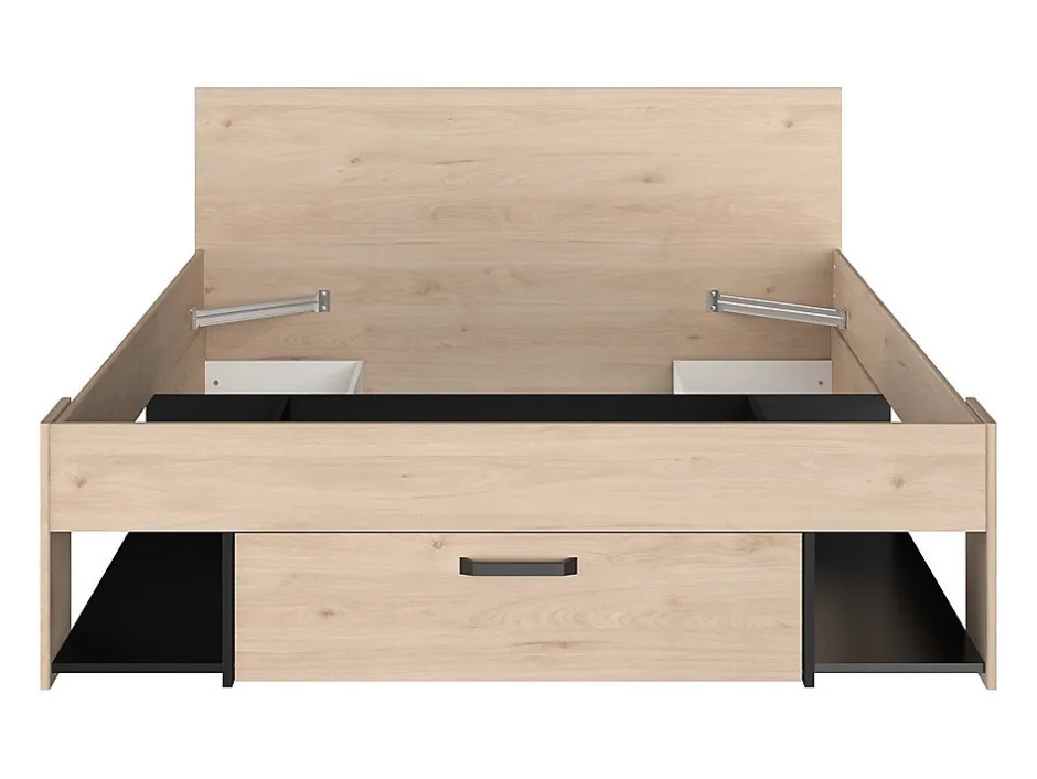 Vente-unique Lit 140 x 190/200 cm avec tête de lit et rangements - Coloris : Naturel et noir - KINSELIA