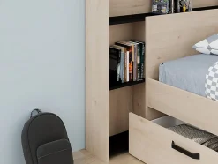 Vente-unique Lit 140 x 190/200 cm avec tête de lit et rangements - Coloris : Naturel et noir - KINSELIA