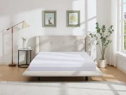 Vente-unique Lit 140 x 190 cm avec tête de lit capitonnée - Tissu - Beige - PENAVI Sale