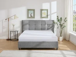 Vente-unique Lit 180 x 200 cm avec tête de lit capitonnée - Tissu - Gris + Matelas - NIRPIO