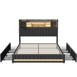 Simple Life Lit 140 x 190 cm avec tête de lit LED et USB, 4 tiroirs de rangement, sommier à lattes, lin, gris Hot