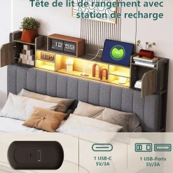Simple Life Lit 140 x 190 cm avec tête de lit LED et USB, 4 tiroirs de rangement, sommier à lattes, lin, gris Hot