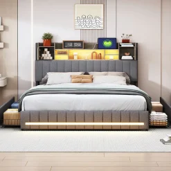 Simple Life Lit 140 x 190 cm avec tête de lit LED et USB, 4 tiroirs de rangement, sommier à lattes, lin, gris Hot