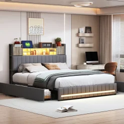 Simple Life Lit 140 x 190 cm avec tête de lit LED et USB, 4 tiroirs de rangement, sommier à lattes, lin, gris Hot