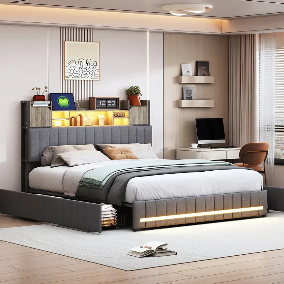 Simple Life Lit 140 x 190 cm avec tête de lit LED et USB, 4 tiroirs de rangement, sommier à lattes, lin, gris Hot