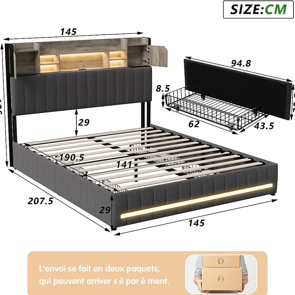 Simple Life Lit 140 x 190 cm avec tête de lit LED et USB, 4 tiroirs de rangement, sommier à lattes, lin, gris Hot